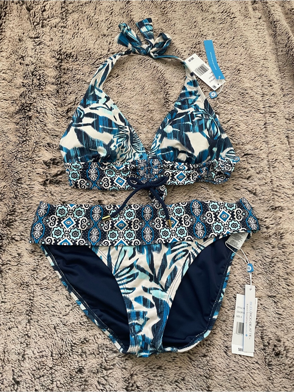 Bleu Rod Beattie Blue White Navy Printed Halter Bikini